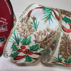 Vintage Wired Green, Red, White and Gold Holiday Ribbon 55x2.5. New With Tags